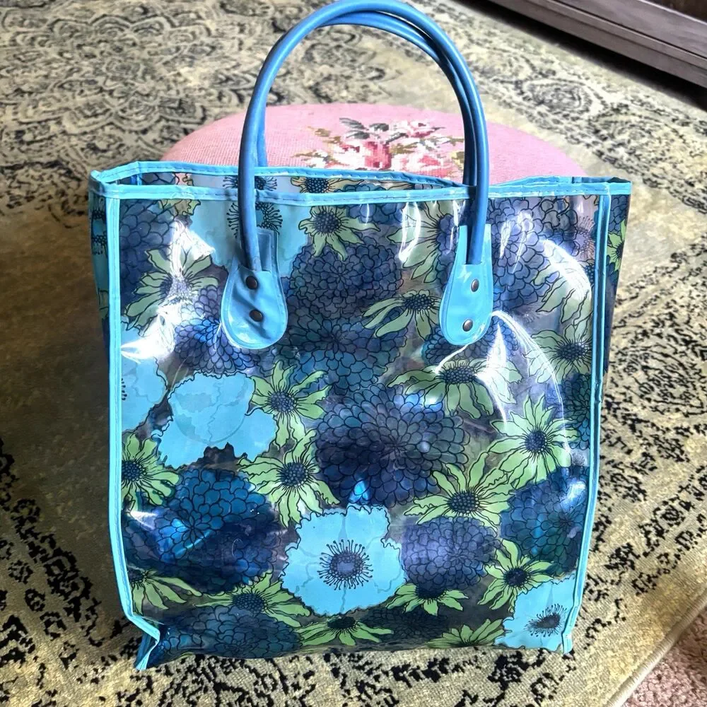 Vtg 60s Vinyl Shopping Tote Utility Bag Retro Mod Floral Blue Green Clear Floral